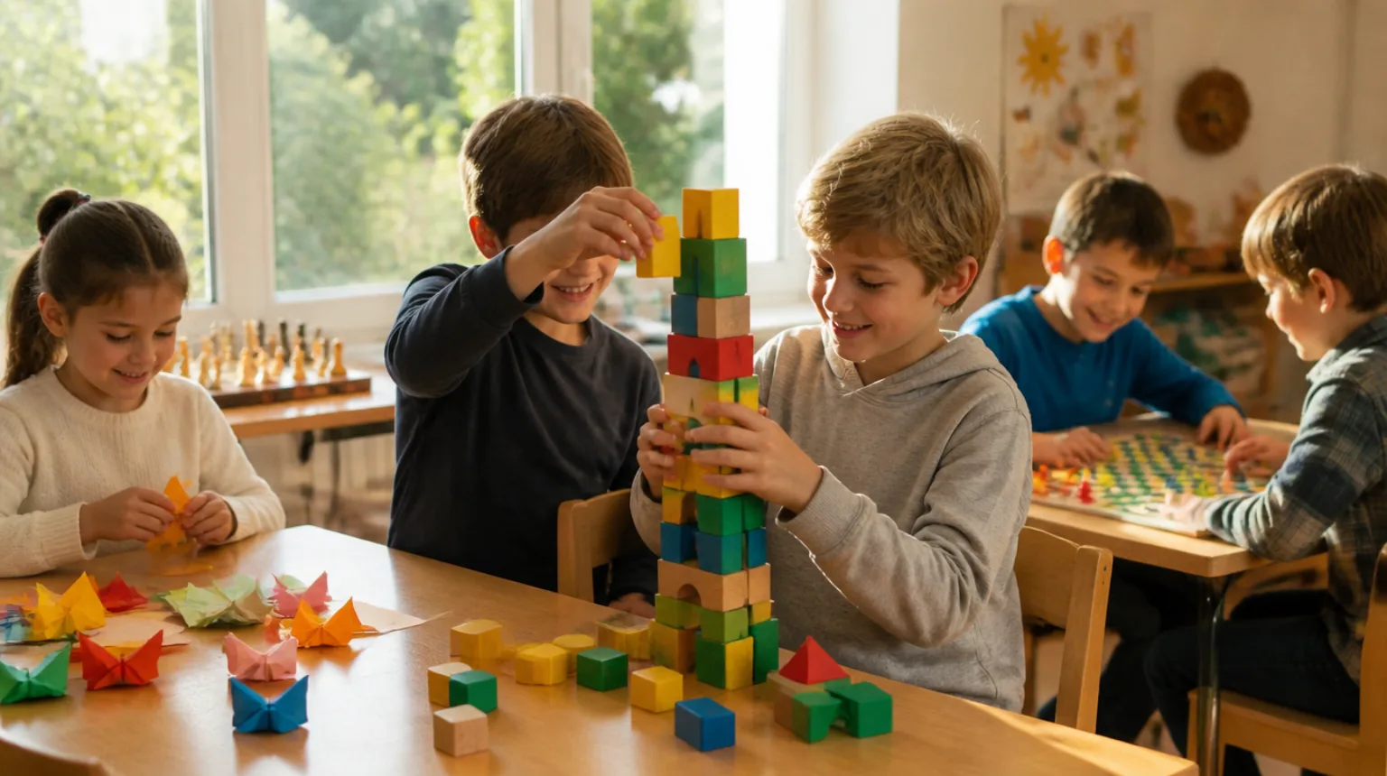 Sobota w Krainie: dzieci budują wieżę z klocków, origami i gry planszowe